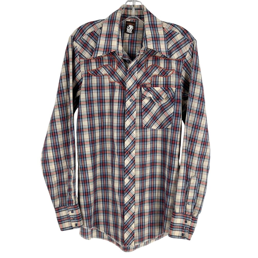 80s plaid western pearl snap shirt Karman 1980s vintage